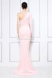 Pink One Sleeve V-neck Mermaid Long Prom Dress