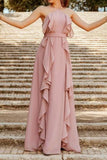Pink A-line Backless Chiffon Bridesmaids Evening Dress