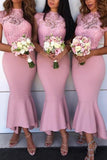 Pink High Low Mermaid Short Sleeves Bridesmaid Dress