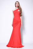 Red Long One Shoulder Ruffled Prom Dress