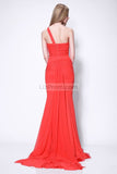 Red Long One Shoulder Ruffled Prom Dress