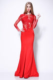 Red Mermaid Long Sleeves Lace Prom Wedding Dress