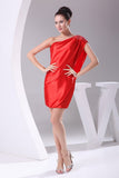 Red One Shoulder Beaded Satin Short Prom Homecoming Dress