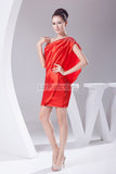 Red One Shoulder Beaded Satin Short Prom Homecoming Dress