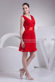 Red V-neck Chiffon Ruffled Little Red Dress