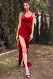 Red Velvet High Slit Prom Dress Evening Gown