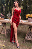 Red Velvet Side Slit Prom Dress Evening Gown