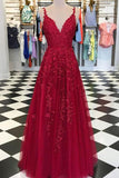 Dark Red Fancy Applique V-neck Wedding Prom Dress