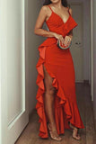 Red V-neck High Low Ruffles Evening Prom Dress