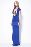 Royal Blue Cap Sleeves Beaded Column Formal Prom Dress