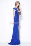 Royal Blue Cap Sleeves Beaded Column Formal Prom Dress