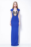 Royal Blue Cap Sleeves Beaded Column Formal Prom Dress