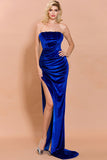 Royal Blue Strapless High Slit Velvet Prom Dress