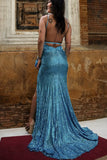 Sexy Blue Sparkly Applique Backless Evening Dress