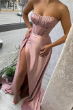 Sexy Blushing Pink Strapless High Slit Prom Dress