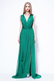 Sexy Green V-neck Thigh-high Slit Prom Bridesmaid Dress