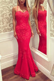 Mermaid Red Lace Spaghetti Straps Evening Dress