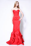 Sexy Red Strapless Ruffled Mermaid Prom Formal Dress