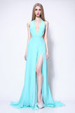 Sexy Sky Blue Halter Deep V-neck Thigh-high Slit Evening Dress