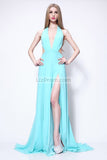 Sexy Sky Blue Halter Deep V-neck Evening Formal Dress