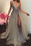 Grey Sexy Deep V-neck High Slit Beaded Prom Dress