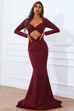 Sexy Burgundy Cut Out Long Sleeve Formal Evening Dress