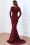 Sexy Burgundy Cut Out Long Sleeve Formal Evening Dress