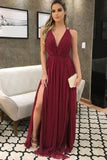 Sexy Burgundy Backless 2 Slits Chiffon Prom Dress