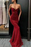 Sexy Burgundy Sequined Spaghetti Straps Mermaid Prom Dress