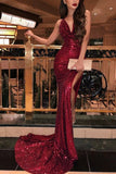 Sexy Burgundy High Slit Sequined Mermaid Prom Dress