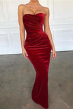 Sexy Red Strapless Long Mermaid Velvet Prom Dress