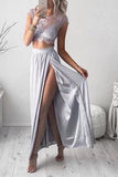 Sexy Silver Two Pieces See Through Lace Slit Prom Dress