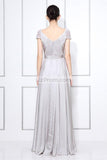 Silver Ruffled Cap Sleeves Beaded Prom Formal Dress