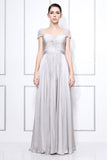 Silver Ruffled Cap Sleeves Beaded Prom Formal Dress