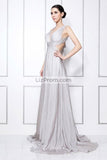 Silver Deep V-neck Cut Out Sexy Formal Evening Dress