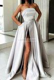 Silver Strapless A-Line High Split Formal Gown Evening Dresses