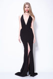 Simple Slip Sexy Black Deep V-neck Prom Dress