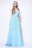 Sky Blue A-line Deep V-neck Pleated Prom Dress