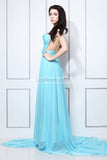 Sky Blue Strapless Ruffled Backless Bridesmaid Prom Dress