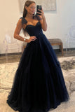 Dark Navy A-line Spaghetti Straps Tulle Sweetheart Prom Gown