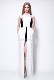 White And Black Halter Thigh-high Slit Prom Dress