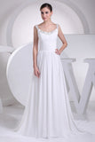 White Ruffled Beaded A-line Chiffon Prom Bridesmaid Dress