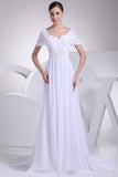 White Cap Sleeves Long Applique Prom Evening Dress