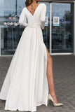 White Long Sleeves High Slit V-Neck Prom Dress