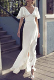 White Open Back High Low V-Neck Evening Dress With Short Sleeves Dresses