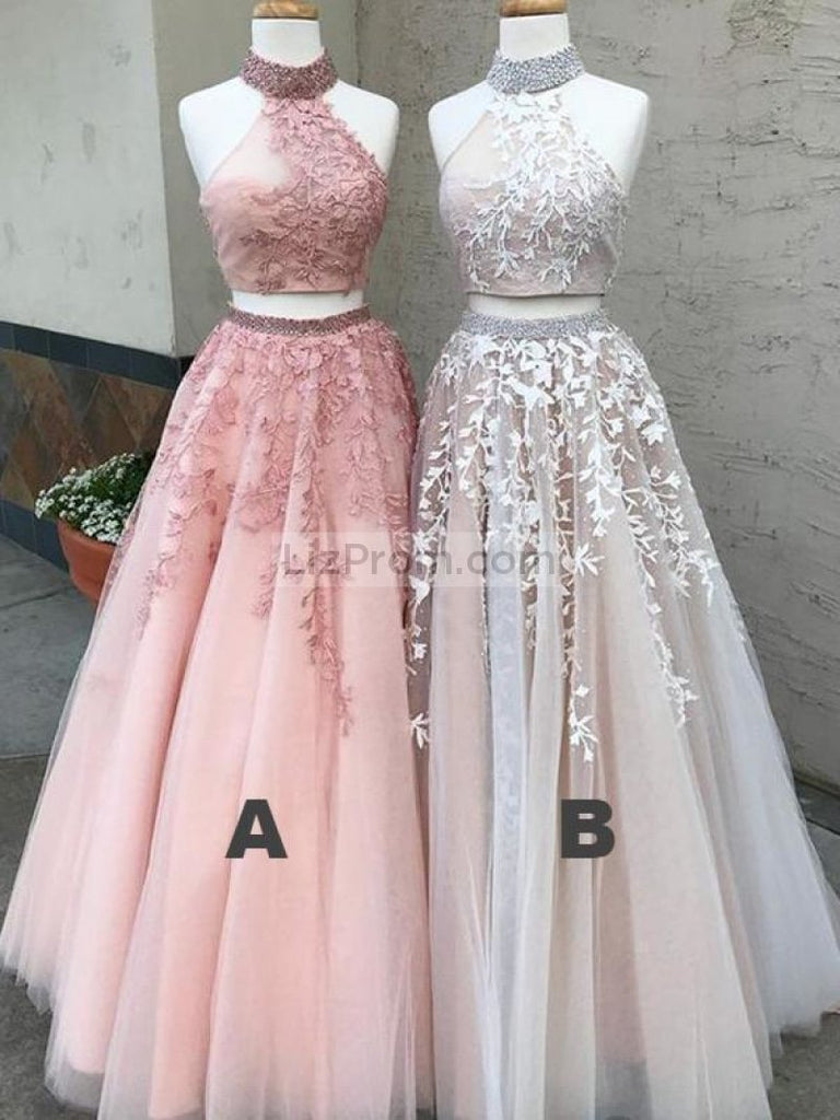 White High Neck Backless Flower 2-Pieces Lace Tulle Wedding Ball Gown Dresses