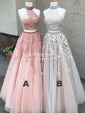 White High Neck Backless Flower 2-Pieces Lace Tulle Wedding Ball Gown Dresses