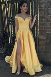 Yellow Off-The-Shoulder Thigh-High Slit Ball Gown Dresses