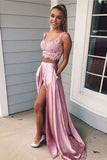 A-line Two Pieces Lace Sexy Thigh-high Slit Prom Dress