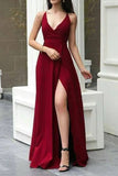 Burgundy Spaghetti Straps V-neck Thigh-high Slit Prom Dress